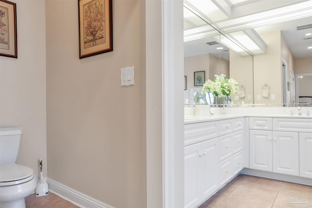 bathroom featuring vanity, toilet, and tile patterned flooring