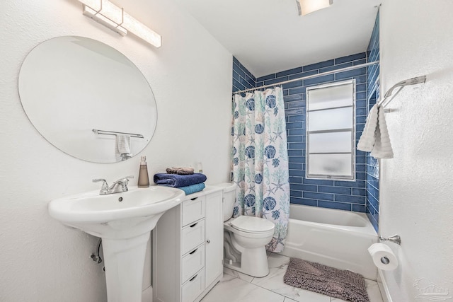 bathroom with toilet and shower / bathtub combination with curtain