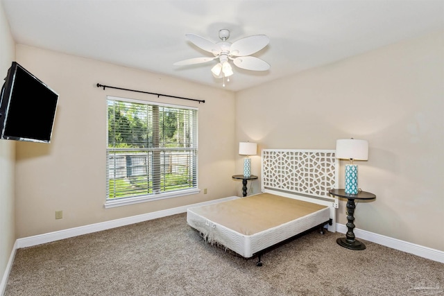 living area featuring carpet flooring and ceiling fan