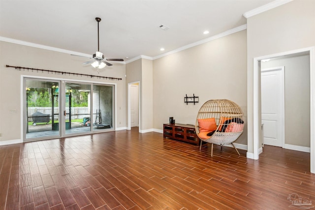 living area featuring ornamental molding, ceiling fan, and dark hardwood / wood-style flooring