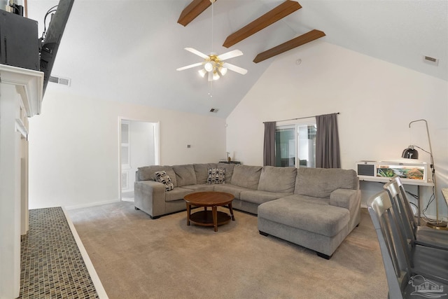 living room featuring beamed ceiling, light colored carpet, ceiling fan, and high vaulted ceiling