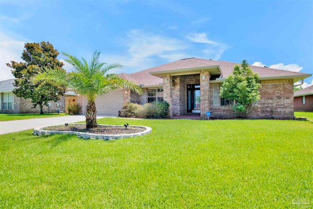 view of front of house with a garage and a front lawn