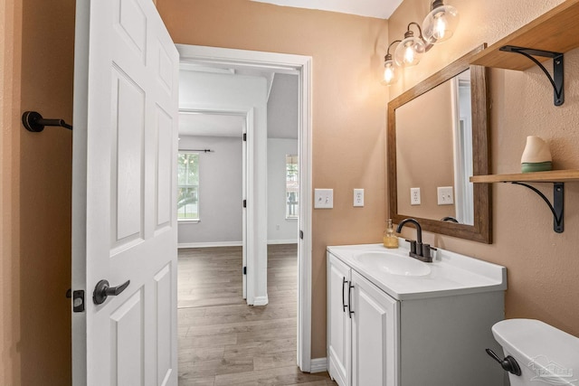 bathroom with hardwood / wood-style flooring, vanity, and toilet