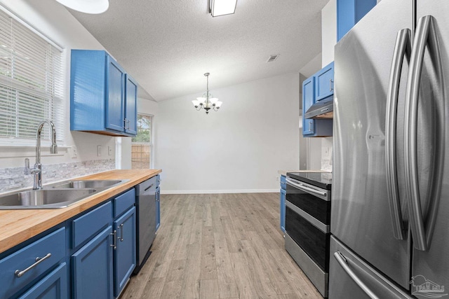 kitchen with blue cabinetry, lofted ceiling, butcher block counters, sink, and stainless steel appliances