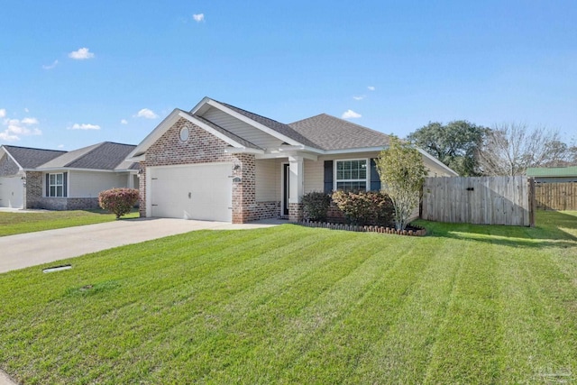 view of front of property with a front lawn, driveway, fence, a garage, and brick siding