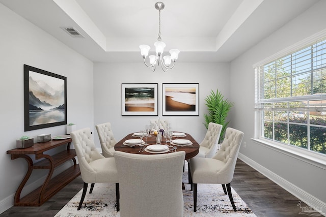 dining room featuring baseboards, visible vents, an inviting chandelier, dark wood-type flooring, and a raised ceiling