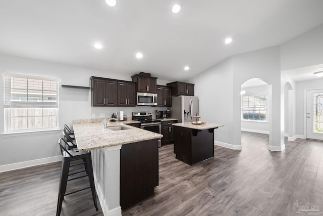 kitchen featuring a sink, stainless steel appliances, vaulted ceiling, a kitchen breakfast bar, and a center island