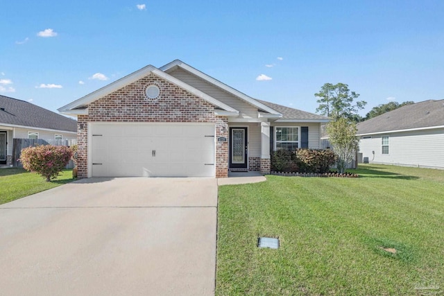 view of front of home with brick siding, a garage, driveway, and a front lawn