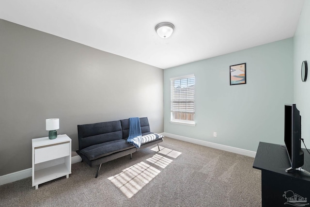 sitting room with baseboards and carpet floors