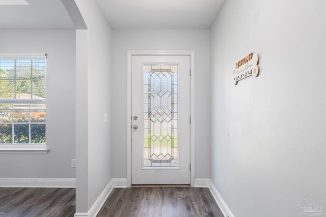 foyer with baseboards, arched walkways, plenty of natural light, and dark wood-type flooring