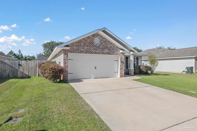 ranch-style home featuring fence, an attached garage, a front lawn, concrete driveway, and brick siding