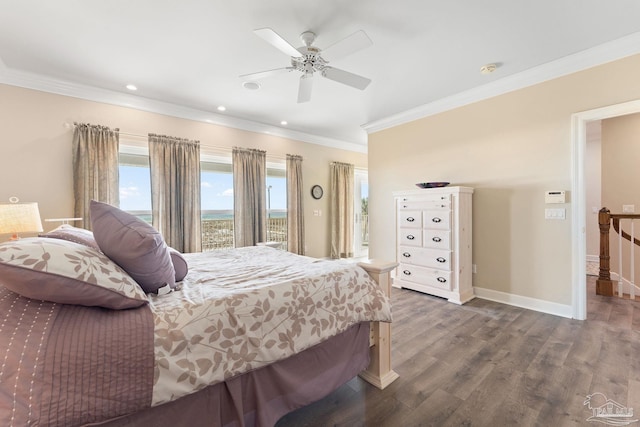 bedroom with ceiling fan, dark wood-type flooring, baseboards, access to outside, and ornamental molding