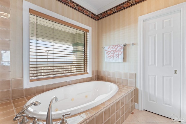 bathroom featuring tile patterned flooring, crown molding, a tub with jets, and wallpapered walls