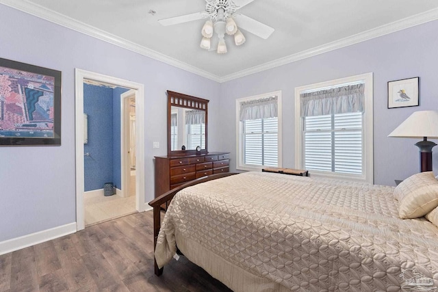 bedroom with ornamental molding, ceiling fan, baseboards, and wood finished floors