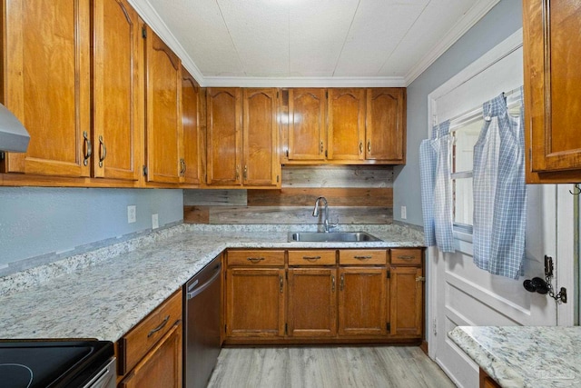 kitchen with brown cabinets, dishwasher, and a sink