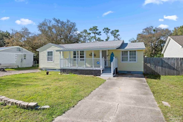 view of front of property with a front lawn, a porch, fence, concrete driveway, and crawl space