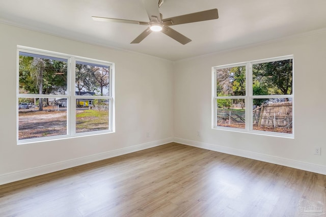 spare room featuring ornamental molding, a wealth of natural light, light hardwood / wood-style floors, and ceiling fan