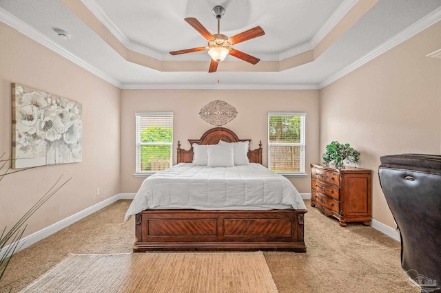5409 Dalton Cir, Milton, FL 32570 - bedroom with a tray ceiling, light carpet, ornamental molding, and ceiling fan
