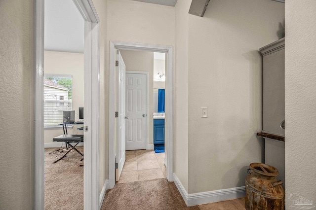 5409 Dalton Cir, Milton, FL 32570 - corridor featuring an office area, light carpet, and a textured wall