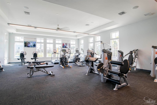 exercise room with plenty of natural light, ceiling fan, dark colored carpet, and a tray ceiling