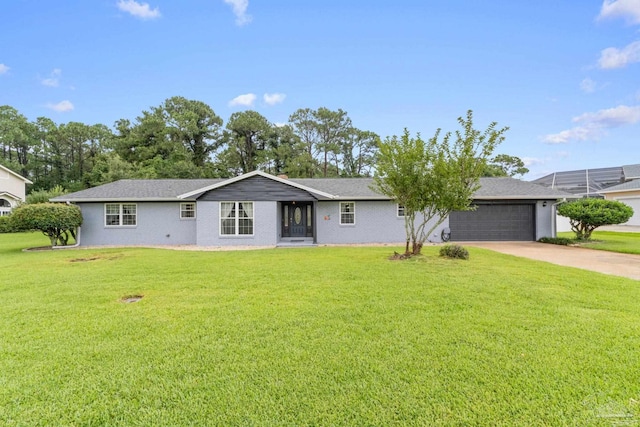 single story home with a garage, driveway, and a front lawn