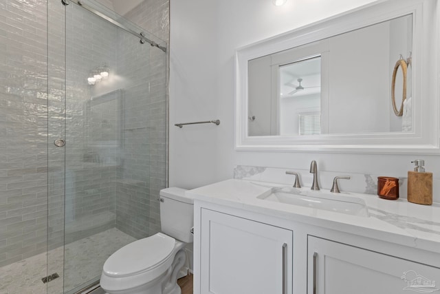 bathroom featuring vanity, a shower stall, and toilet