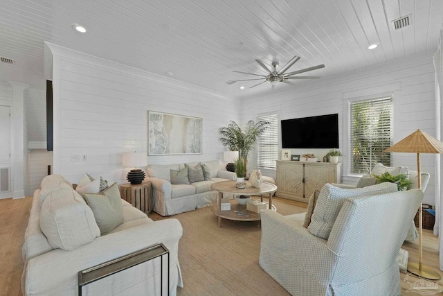 living room with visible vents, recessed lighting, wood ceiling, and a ceiling fan