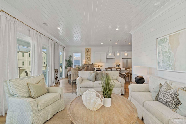 living room featuring visible vents, recessed lighting, wooden ceiling, and light wood-type flooring