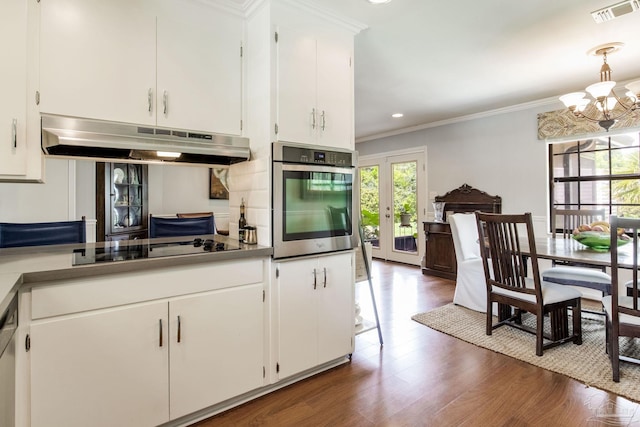 6031 Keating Rd, Pensacola, FL 32504 - kitchen featuring oven, under cabinet range hood, healthy amount of natural light, a chandelier, and ornamental molding