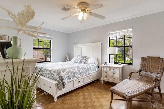 6031 Keating Rd, Pensacola, FL 32504 - bedroom with crown molding and a ceiling fan