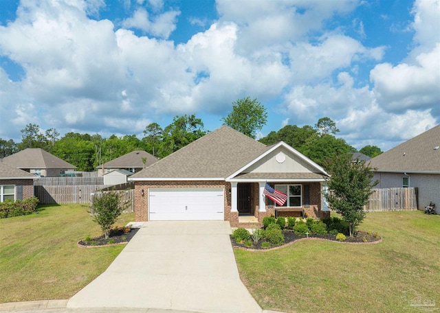 view of front of house featuring a garage, fence, a front yard, and brick siding