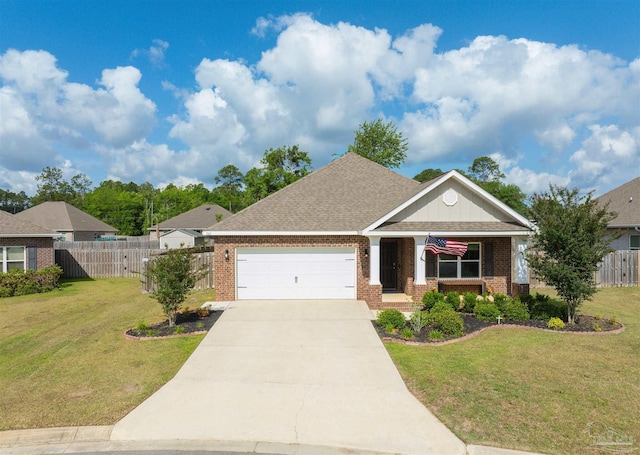 view of front of house featuring brick siding, an attached garage, and fence