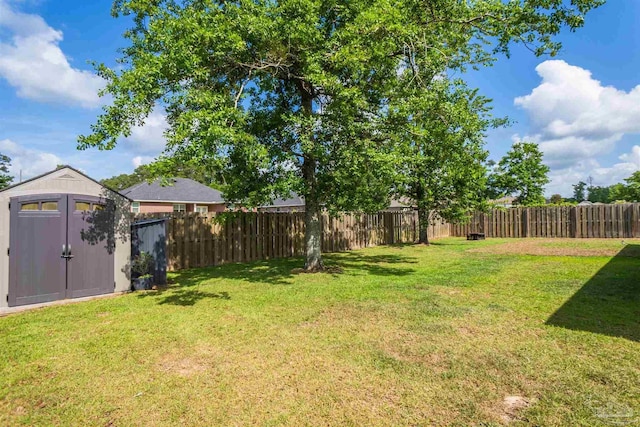 view of yard with a storage shed, an outdoor structure, and a fenced backyard