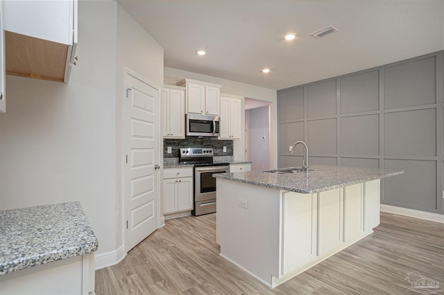kitchen featuring decorative backsplash, visible vents, appliances with stainless steel finishes, a sink, and a decorative wall