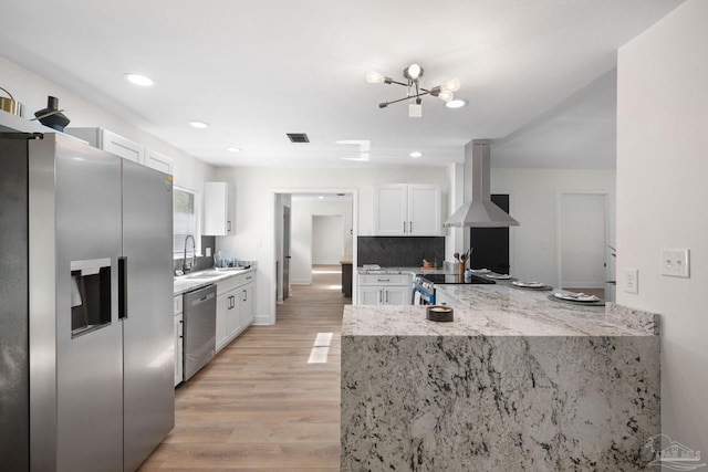 kitchen featuring appliances with stainless steel finishes, island range hood, kitchen peninsula, and white cabinets