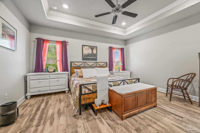 8056 Stream Ridge Rd, Pensacola, FL 32526 - bedroom with a raised ceiling, crown molding, light wood-style flooring, baseboards, and recessed lighting
