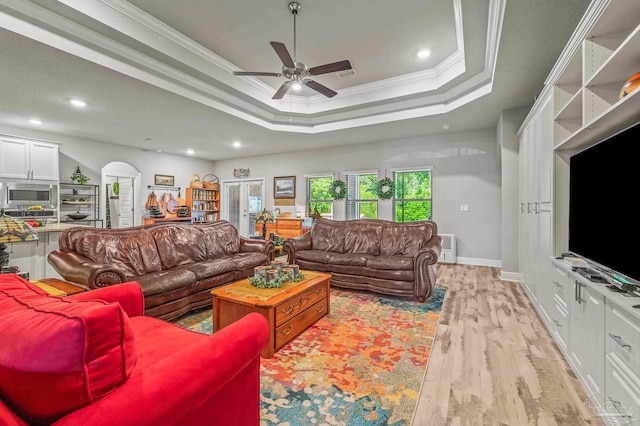 8056 Stream Ridge Rd, Pensacola, FL 32526 - living room with ornamental molding, ceiling fan, light wood-style floors, arched walkways, and recessed lighting