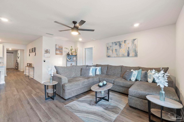 6173 Native Dancer Way, Pensacola, FL 32526 - living room featuring wood finished floors, ceiling fan, and recessed lighting