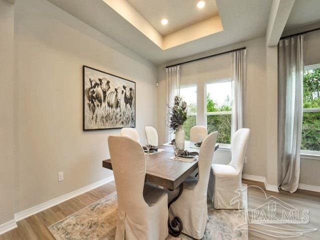 dining space with a raised ceiling, a wealth of natural light, and light hardwood / wood-style floors