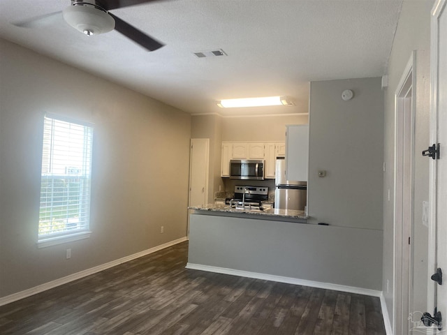 kitchen with white cabinetry, ceiling fan, kitchen peninsula, stainless steel appliances, and dark wood-type flooring