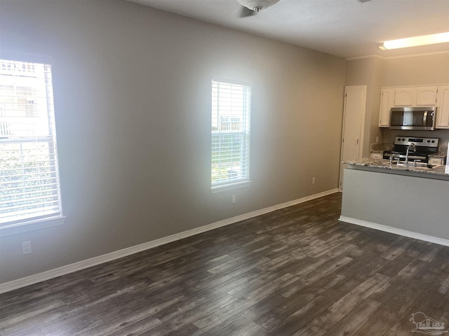 kitchen with stone countertops, sink, white cabinets, stainless steel appliances, and dark wood-type flooring