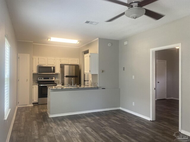 kitchen featuring white cabinetry, appliances with stainless steel finishes, dark wood-type flooring, and kitchen peninsula