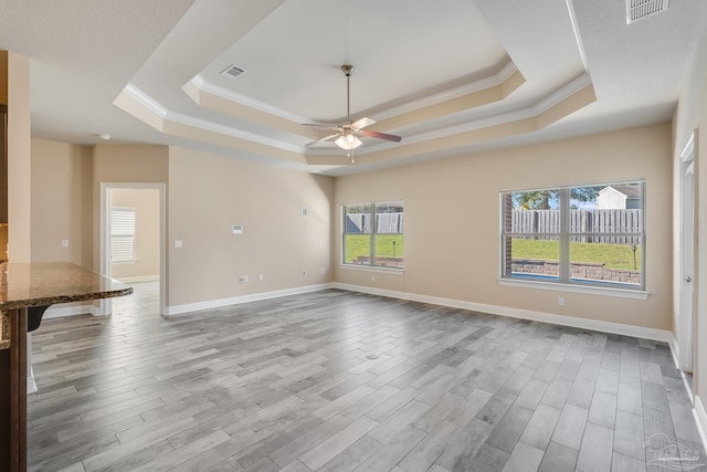 spare room featuring light hardwood / wood-style floors, a raised ceiling, and ceiling fan