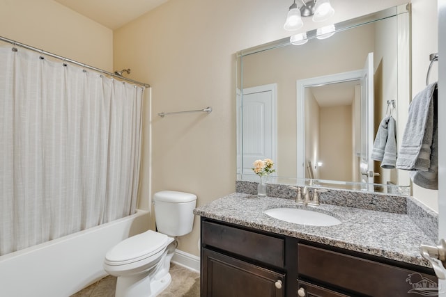 full bathroom with vanity, toilet, and shower / bathtub combination with curtain