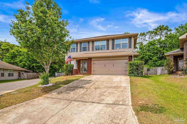 traditional home featuring fence, an attached garage, a front lawn, brick siding, and driveway