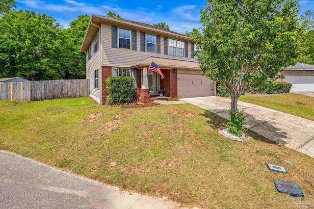 view of front of property with a garage, brick siding, fence, a front lawn, and concrete driveway