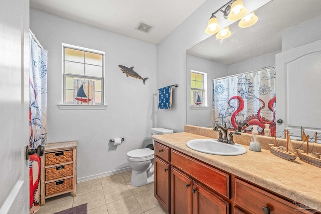 full bathroom featuring visible vents, tile patterned flooring, a healthy amount of sunlight, and toilet