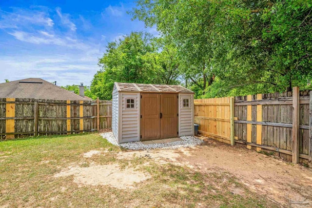 view of shed with a fenced backyard