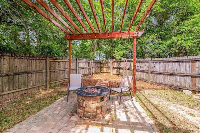 view of patio featuring a fenced backyard and an outdoor fire pit