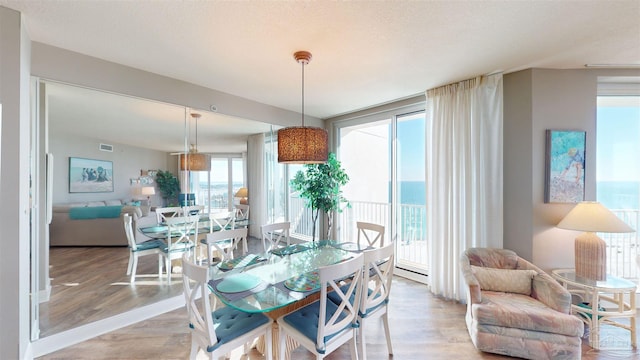 dining area with a water view, a textured ceiling, and light wood-type flooring